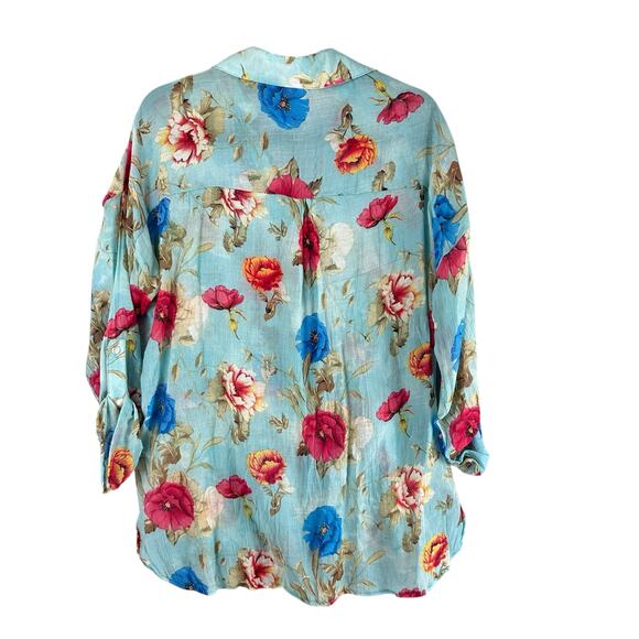 Umgee Floral Tunic Size Medium Blue Pink Sheer Blouse Button Up Beach Boho - Picture 2 of 11